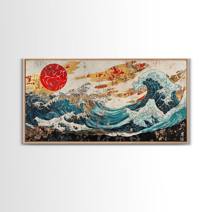 Red Sun Great Wave, Japanese Ocean Framed Canvas Print, Ukiyo E Wall Art, Coastal Decor, Large Living Room Statement Art
