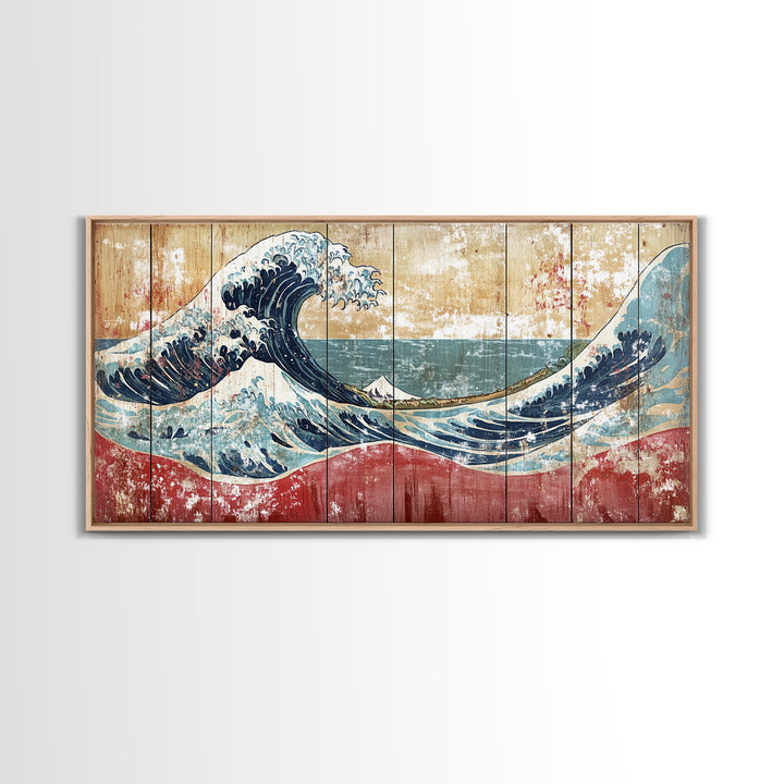 Great Wave Wood Panel, Mount Fuji Framed Canvas Print, Japanese Wall Art, Coastal Decor, Large Horizontal Living Room Art