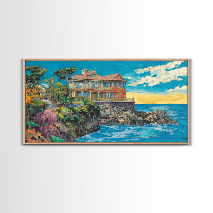 Clifftop Coastal Villa, Bright Seascape Wall Art, Italian Riviera Canvas Print, Ocean Decor, Travel Poster, Gift For Her, Housewarming Gift