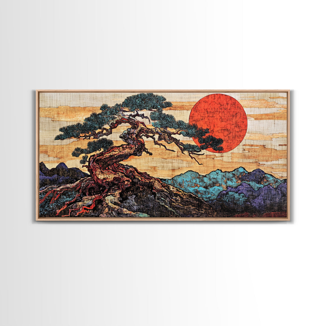Twisted Bonsai Pine Red Sun Wall Art, Japanese Landscape Print, Japandi Decor, Zen Living Room Framed Canvas Print, Mountain Wall Decor