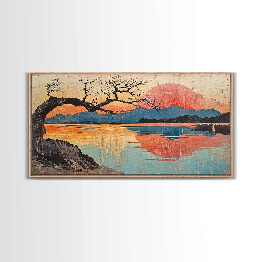 Bare Tree Lake Sunset Wall Art, Japanese Inspired Landscape Print, Serene Coastal Decor, Large Horizontal Canvas Print Art