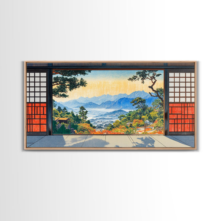 Japanese Shoji Window Mountain View Wall Art, Japandi Landscape Print, Zen Home Decor, Large Framed Canvas Print, Living Room Decor