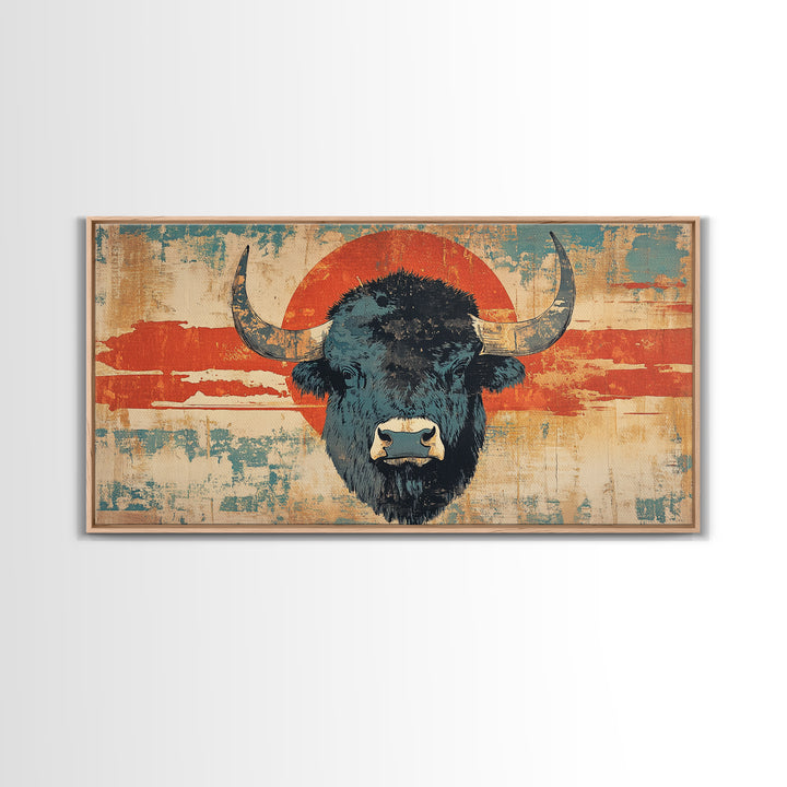Bold Bison Portrait Red Sun Wall Art, Western Buffalo Print, Rustic Ranch Decor, Large Framed Canvas Print, Living Room Decor