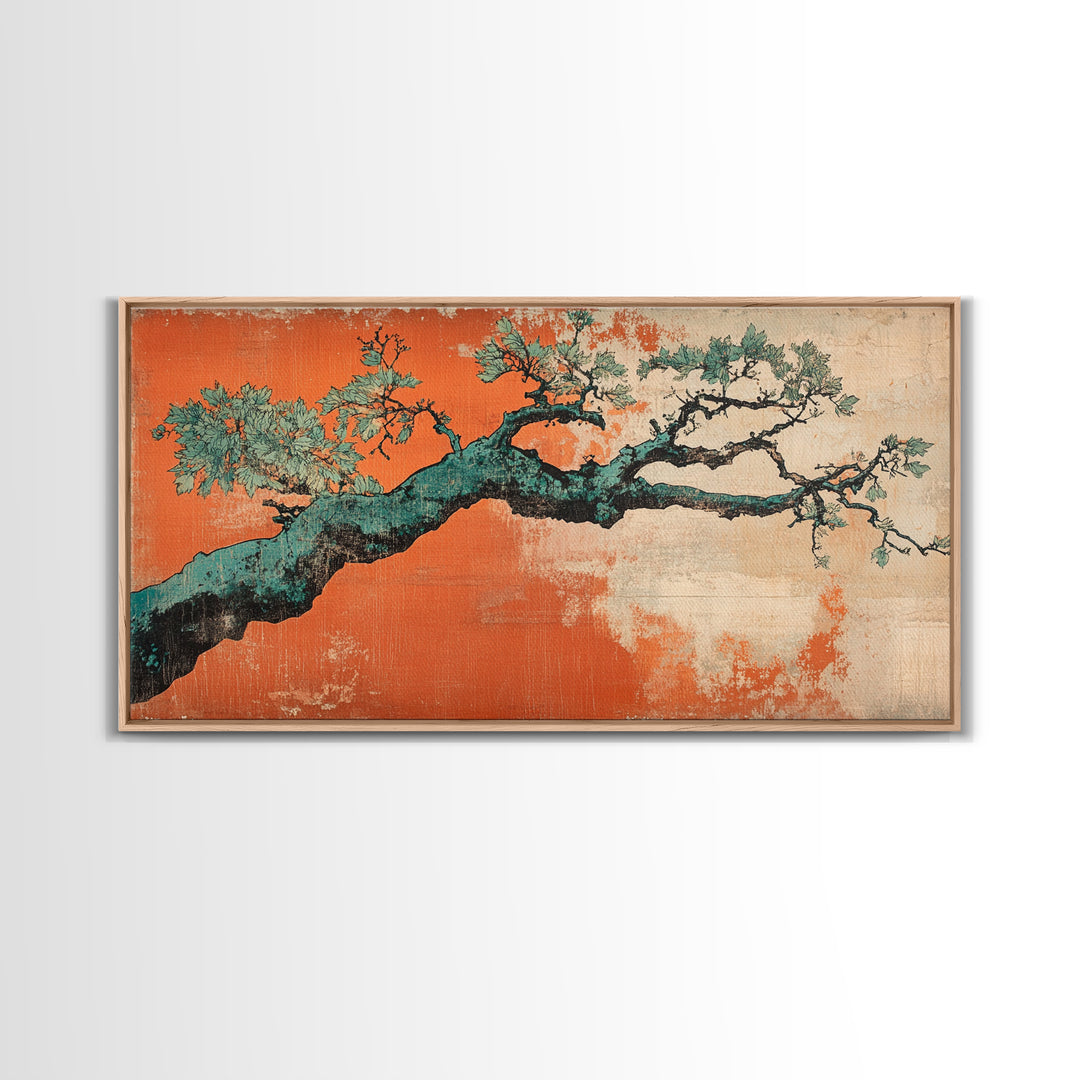 Twisted Pine Branch Wall Art, Japanese Botanical Canvas Print, Orange Teal Nature Decor, Japandi Living Room Wall Decor Gift