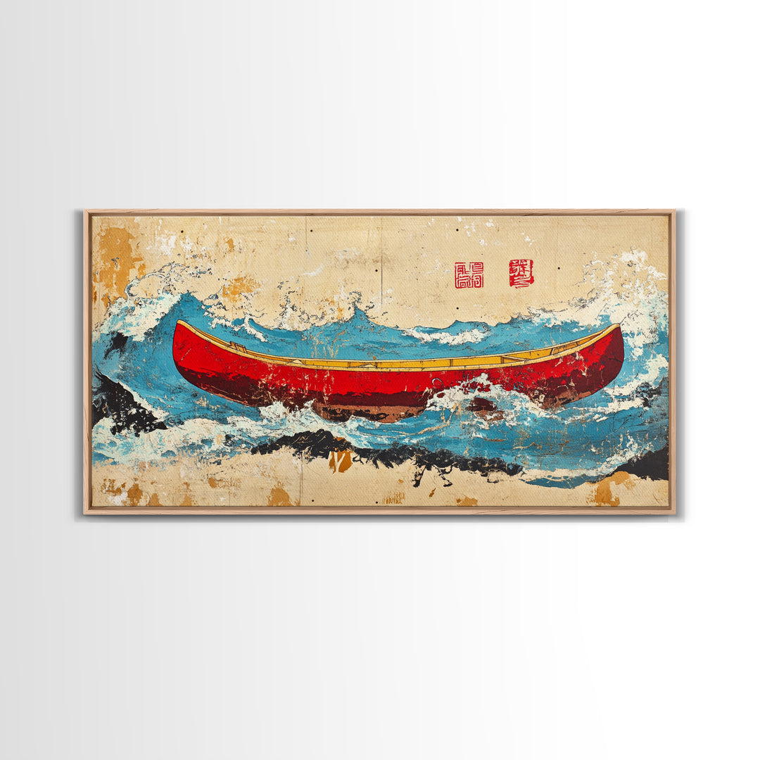 Red Canoe Ocean Waves Wall Art, Japanese Nautical Canvas Print, Coastal Adventure Decor, Beach House Wall Decor Gift Idea