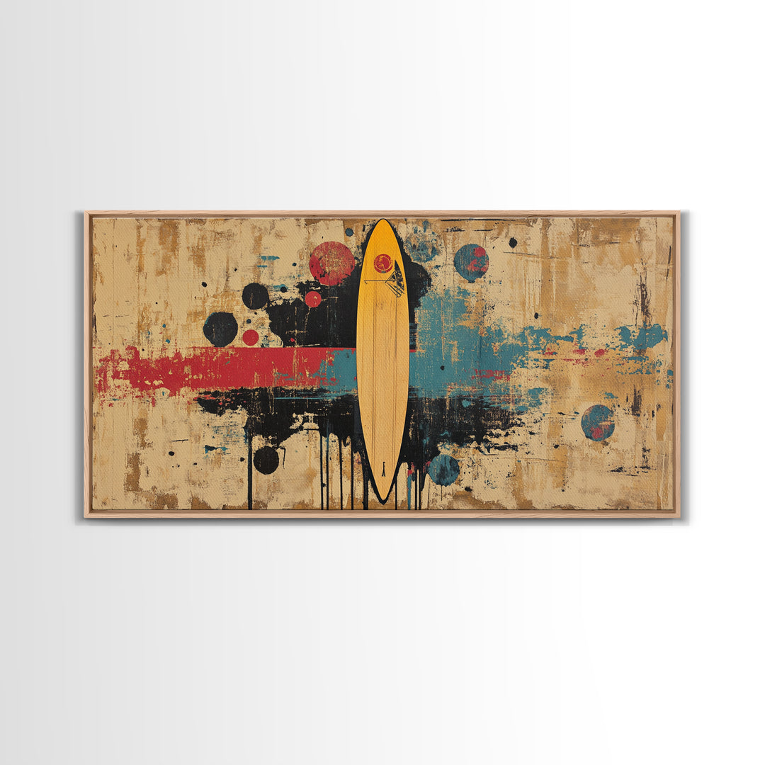 Yellow Surfboard Abstract Wall Art, Retro Beach Canvas Print, Mid Century Modern Decor, Surfer Living Room Wall Decor Gift