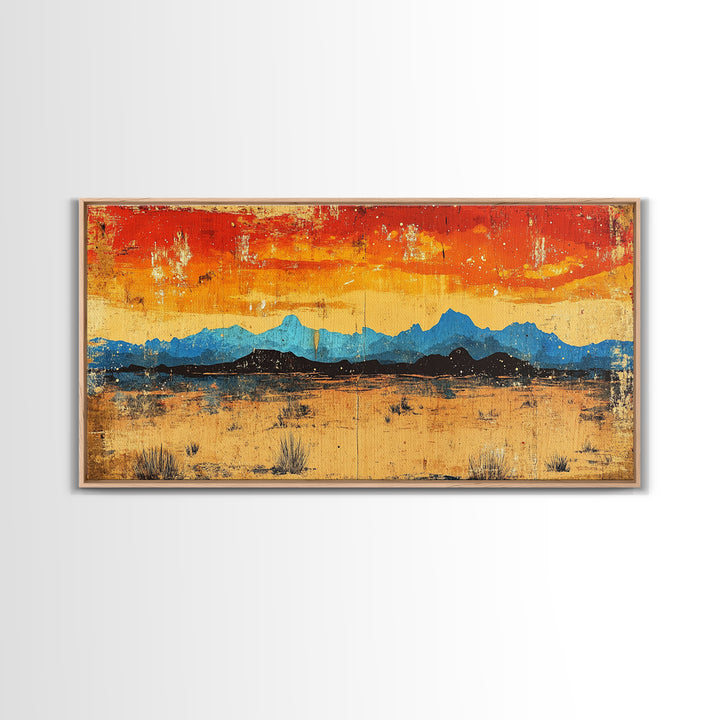 Blue Desert Mountain Wall Art, Fiery Sunset Landscape Canvas Print, Southwest Modern Decor, Above Sofa Wall Decor Gift Idea