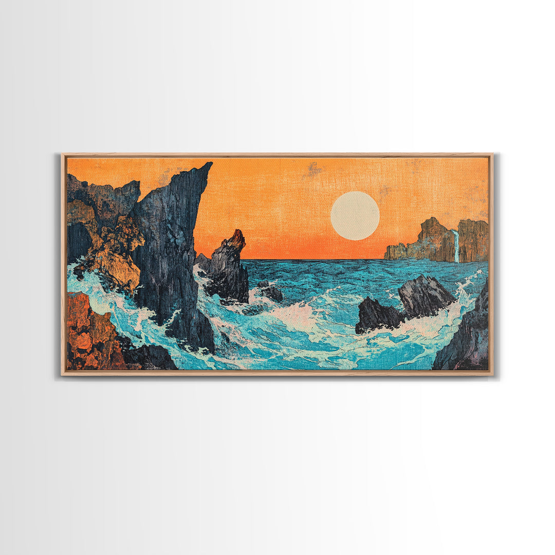 Rocky Ocean Sunset Seascape Wall Art, Japanese Coastal Canvas Wall Art, Beach House Decor, Large Horizontal Print, Ocean Wall Decor