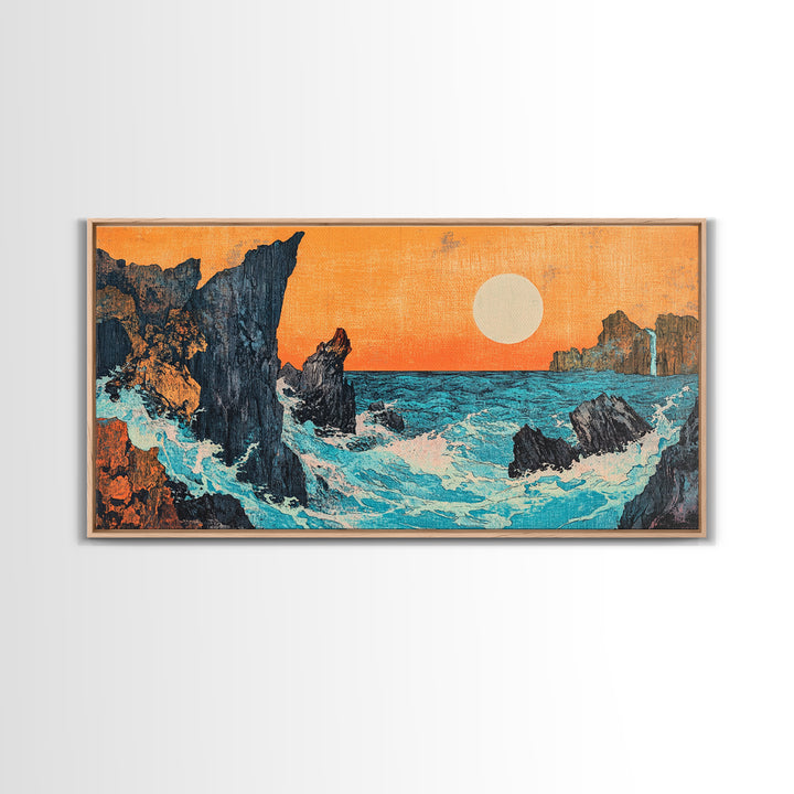 Rocky Ocean Sunset Seascape Wall Art, Japanese Coastal Canvas Wall Art, Beach House Decor, Large Horizontal Print, Ocean Wall Decor