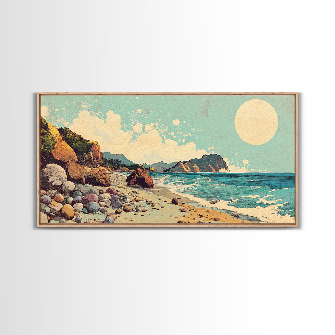 Sunny Rocky Beach Panorama Wall Art, Tropical Coastal Landscape, Ocean Waves Canvas Print, Beach House Decor, Large Horizontal Art