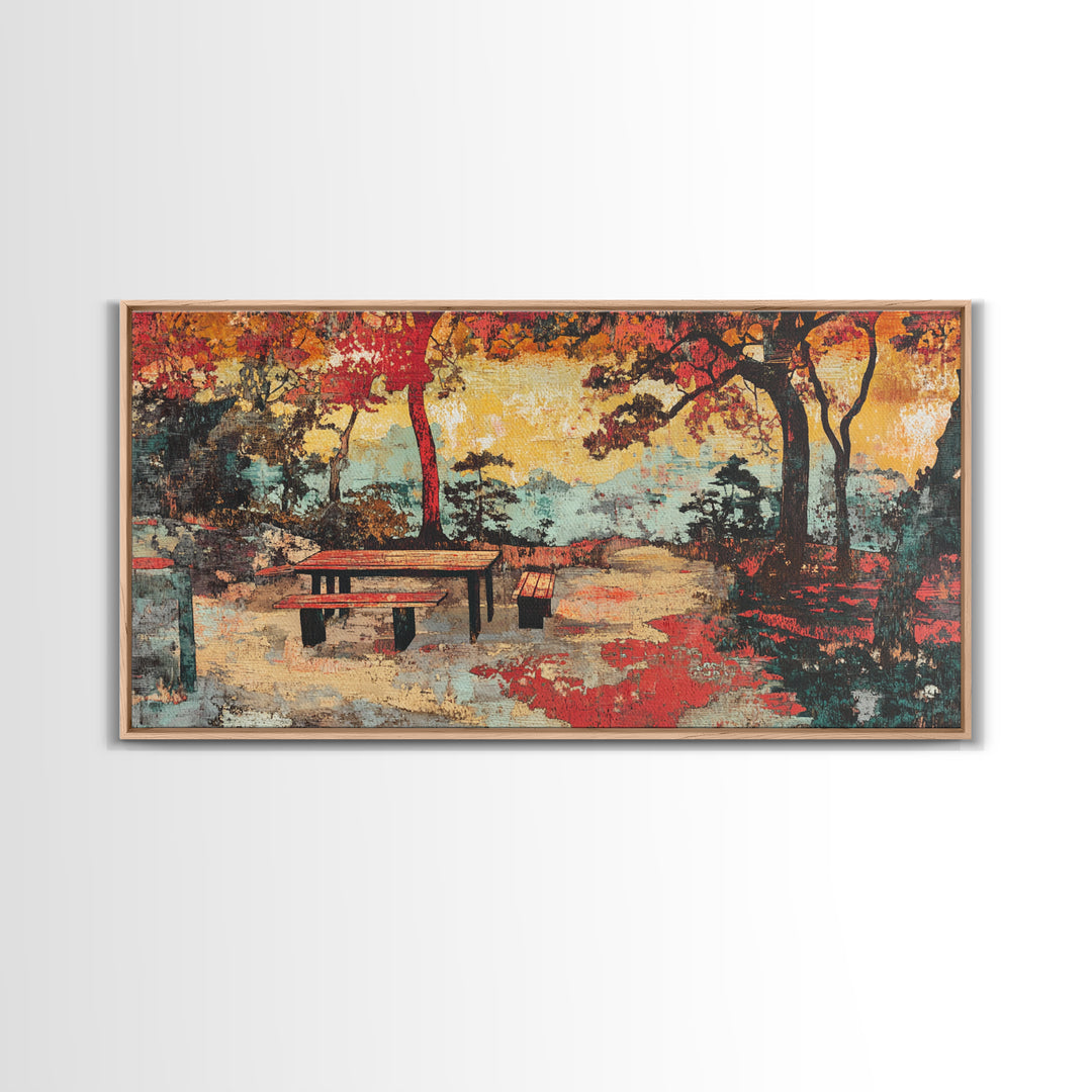 Autumn Park Bench Landscape Wall Art, Japanese Garden Scene, Fall Colors Canvas Print, Cozy Home Decor, Living Room Wall Art