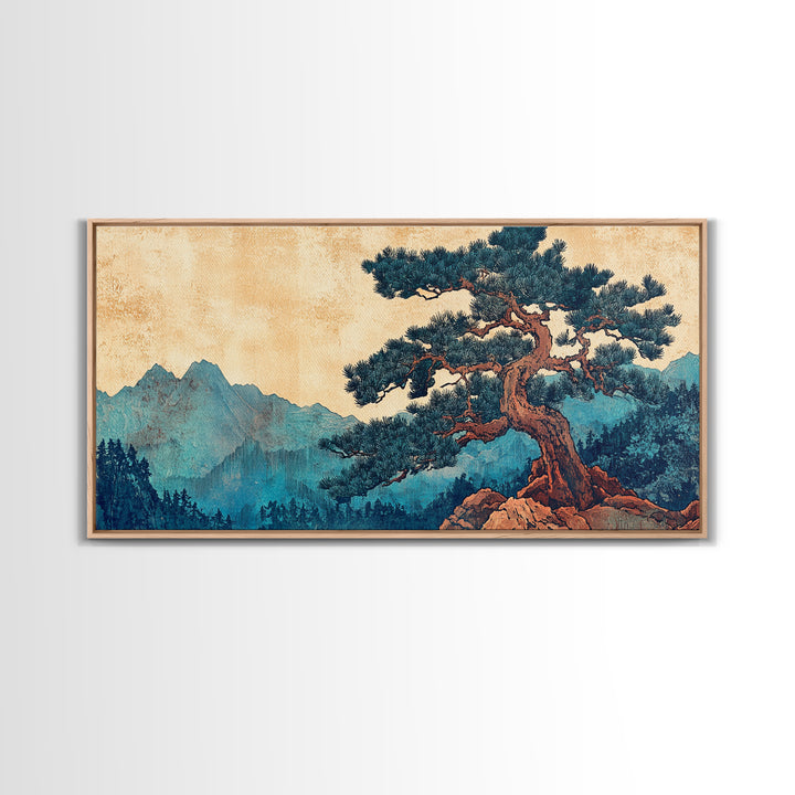 Ancient Pine Mountain Landscape Wall Art, Japanese Nature Canvas Print, Blue Forest Decor, Japandi Wall Art, Large Horizontal Print