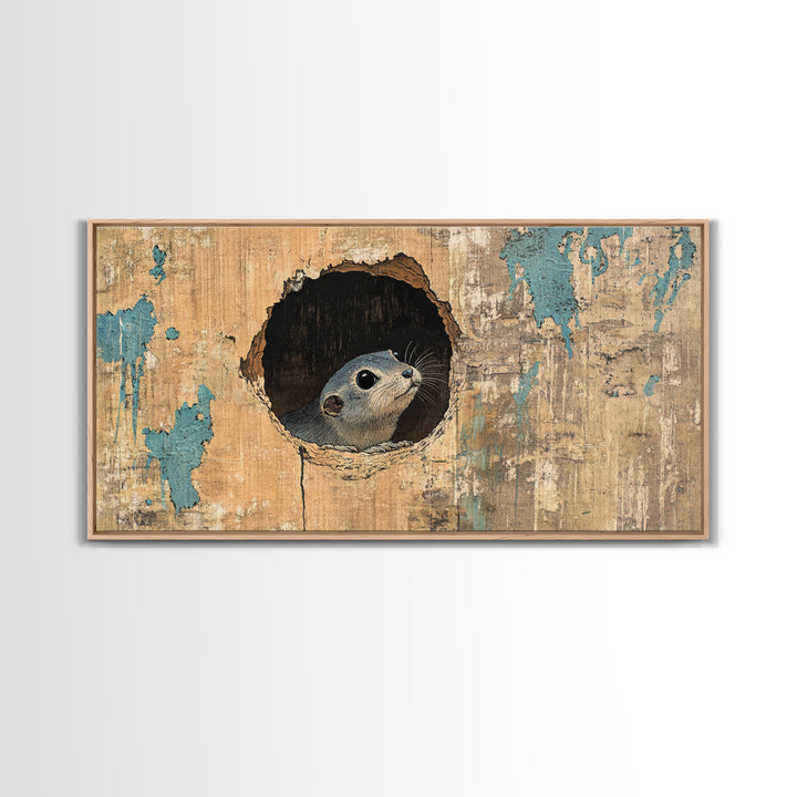 Curious Seal Peeking From Weathered Wall Art, Cute Coastal Animal Canvas Print, Nautical Bathroom Decor Gift For Ocean Lover