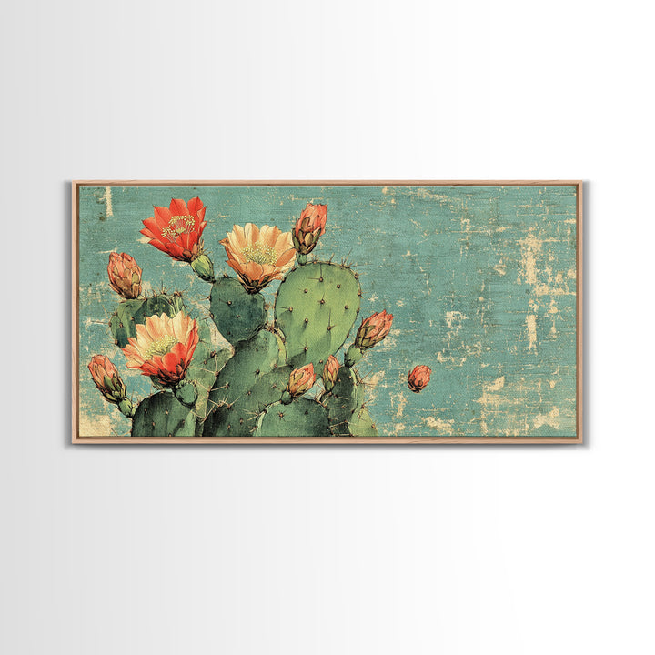 Blooming Prickly Pear Cactus Wall Art, Southwest Desert Canvas Print, Botanical Boho Home Decor Gift For Her Living Room