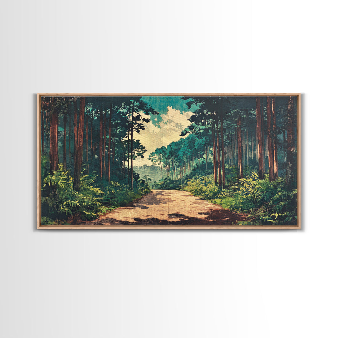 Sunlit Pine Forest Path Canvas Print, Nature Wall Art, Forest Wall Decor, Japandi Wall Art For Entryway And Office Decor