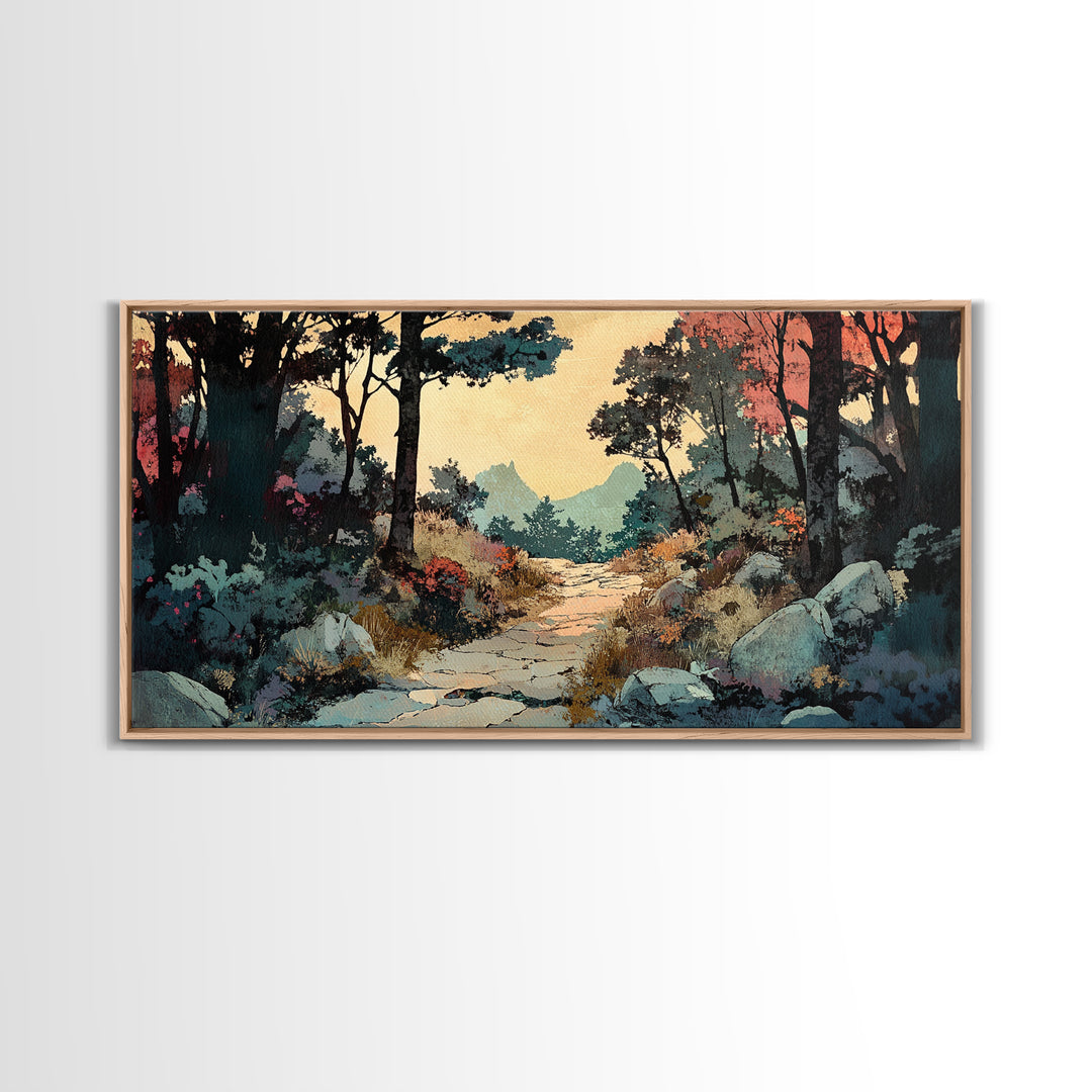 Autumn Woodland Trail Landscape Canvas Print, Rustic Wall Art, Nature Wall Decor, Moody Forest Art For Cozy Bedroom Decor