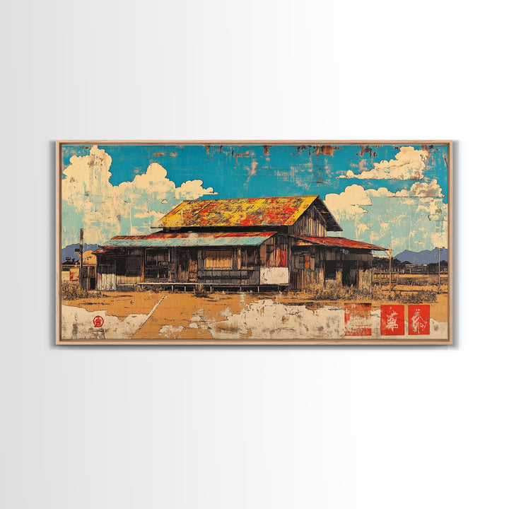 Rustic Weathered Barn Under Blue Sky Framed Canvas Print, Farmhouse Wall Art, Country Landscape, Warm Rural Home Decor Print