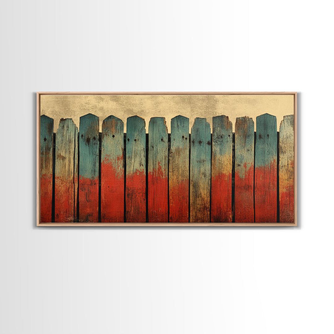 Weathered Teal And Red Wood Fence Canvas Print, Rustic Wall Art, Abstract Farmhouse Decor, Bold Country Wall Decor, Home Decor
