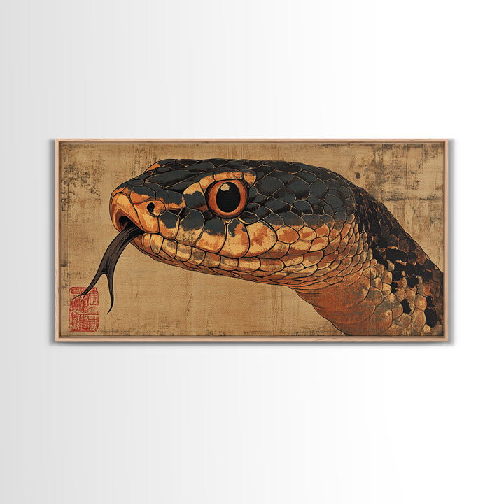 Black And Copper Snake Portrait Framed Canvas Print, Reptile Wall Art, Dark Animal Art, Gothic Nature Home Decor, Gift For Him