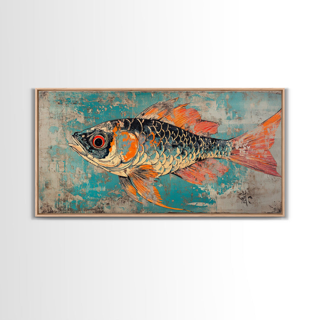Orange And Teal Koi Fish Canvas Print, Japanese Wall Art, Coastal Animal Art, Vibrant Ocean Decor, Marine Life Print, Gift