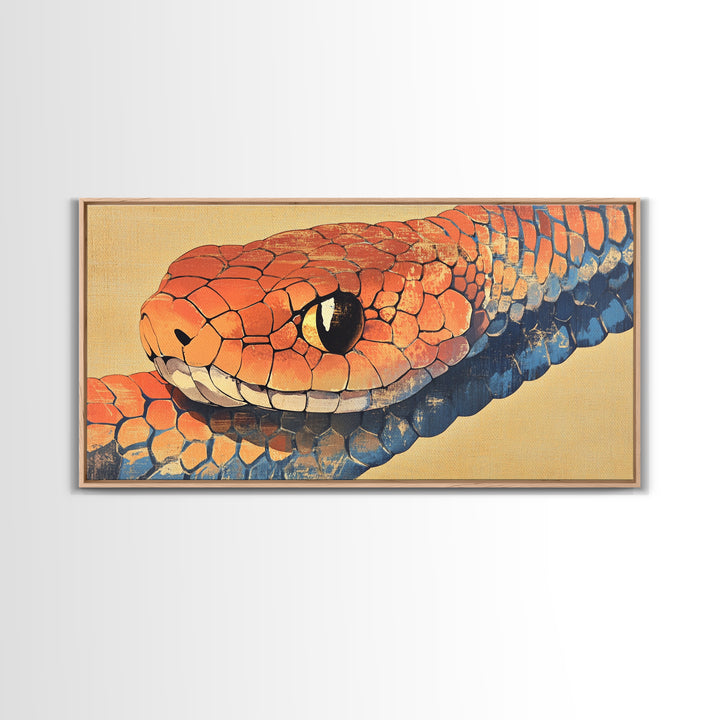 Orange And Blue Snake Closeup Framed Canvas Print, Reptile Wall Art, Wildlife Art, Bold Nature Decor, Masculine Home Decor
