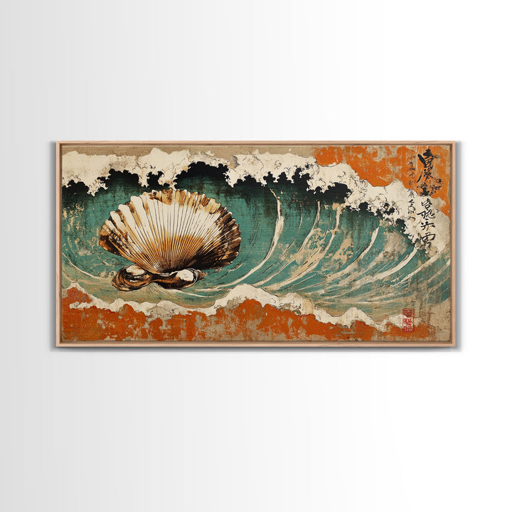 Scallop Shell In Crashing Wave Canvas Print, Japanese Coastal Wall Art, Nautical Ocean Decor, Seashell Art Print, Beach House Decor