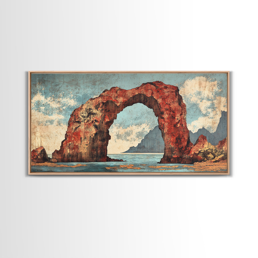 Red Coastal Rock Arch Over Blue Sea Framed Canvas Print, Seascape Wall Art, Ocean Landscape, Beach House Decor, Coastal Decor