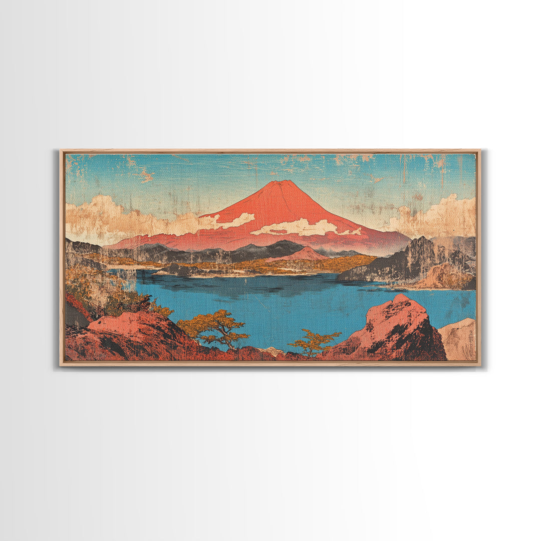Red Mount Fuji Over Lake Framed Canvas Print, Japanese Wall Art, Landscape Art, Japandi Decor, Nature Wall Art, Home Decor