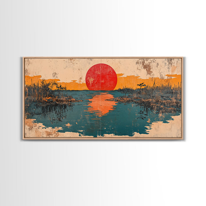 Red Sun Reflected In Marsh Water Canvas Print, Japanese Wall Art, Abstract Landscape, Zen Home Decor, Sunrise Wall Art, Japandi Decor