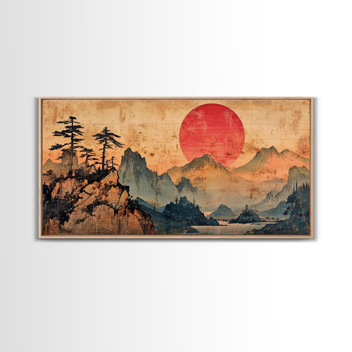 Red Sun Mountain Pines Wall Art, Japanese Landscape Canvas Print, Japandi Zen Home Decor, Asian Inspired Living Room Art