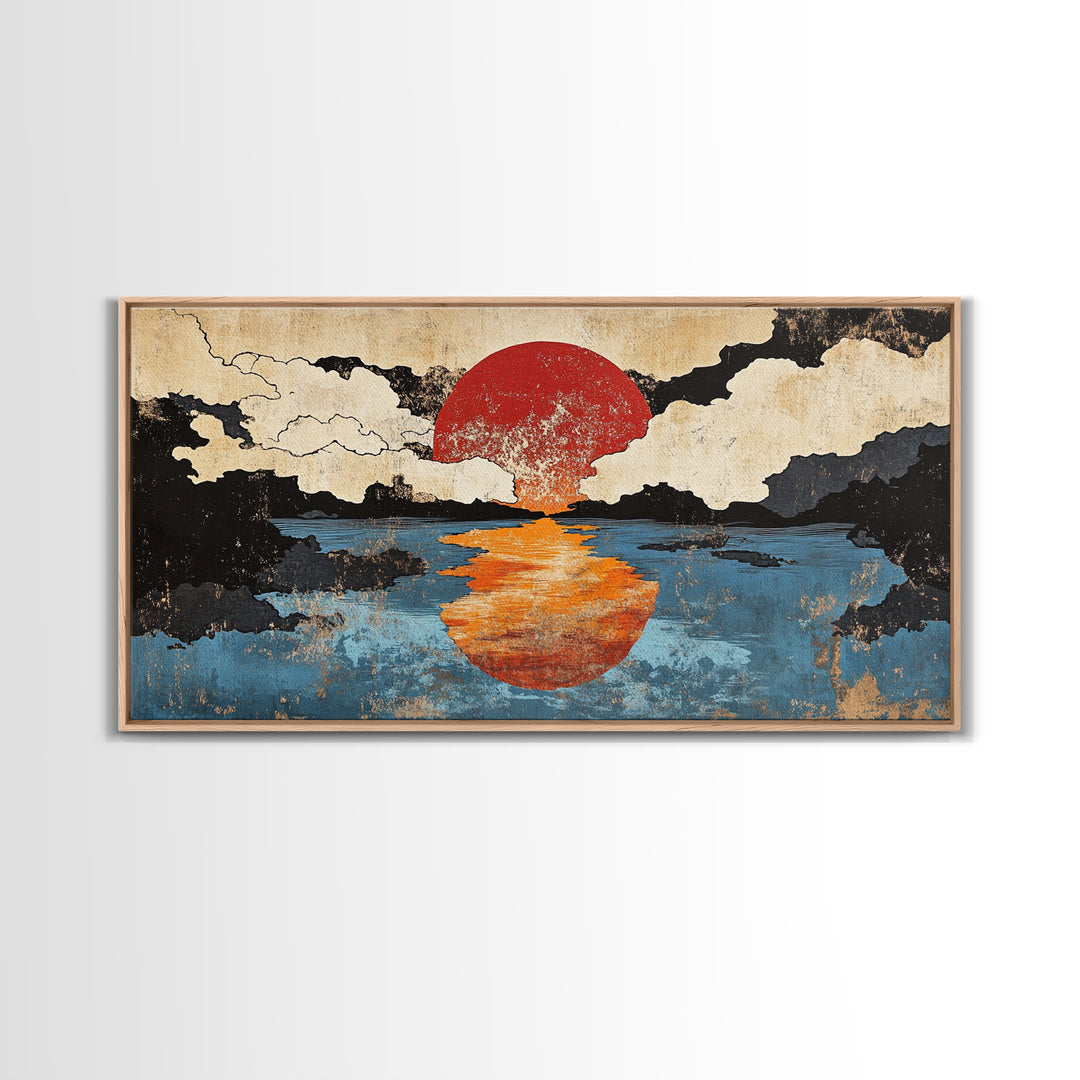 Orange Sun Reflection Seascape Wall Art, Japanese Ocean Canvas Print, Moody Coastal Wall Decor, Abstract Sunset Art Print