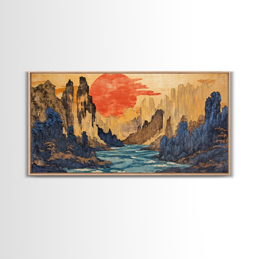 Red Sun Canyon River Wall Art, Japanese Landscape Canvas Print, Modern Japandi Decor, Dramatic Mountain Living Room Art Print