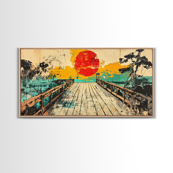 Sunset Pier Lake Wall Art, Japanese Landscape Canvas Print, Turquoise Coastal Decor, Retro Travel Poster For Living Room