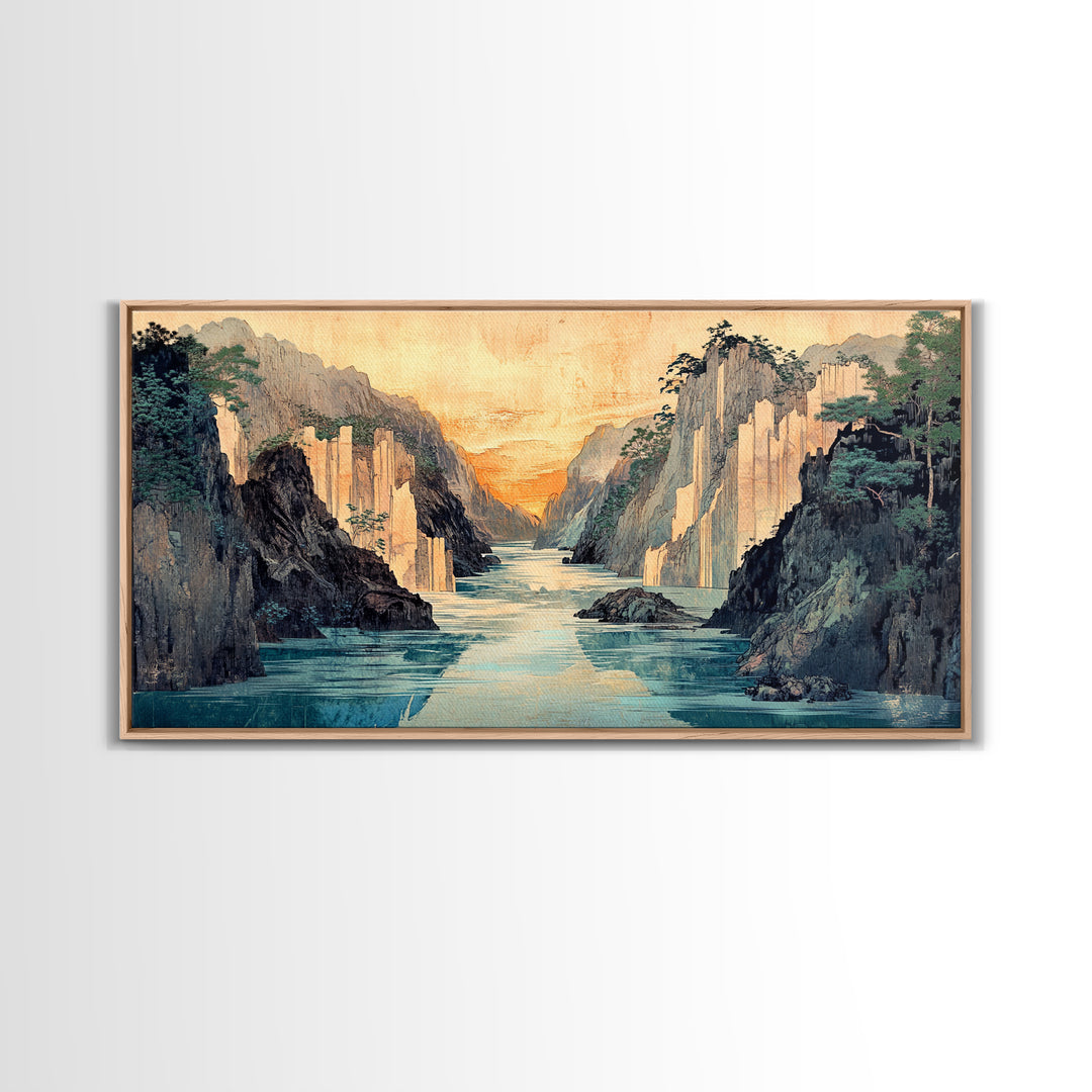 Misty Canyon River Wall Art, Japanese Landscape Canvas Print, Serene Mountain Decor, Panoramic Living Room Wall Art Print