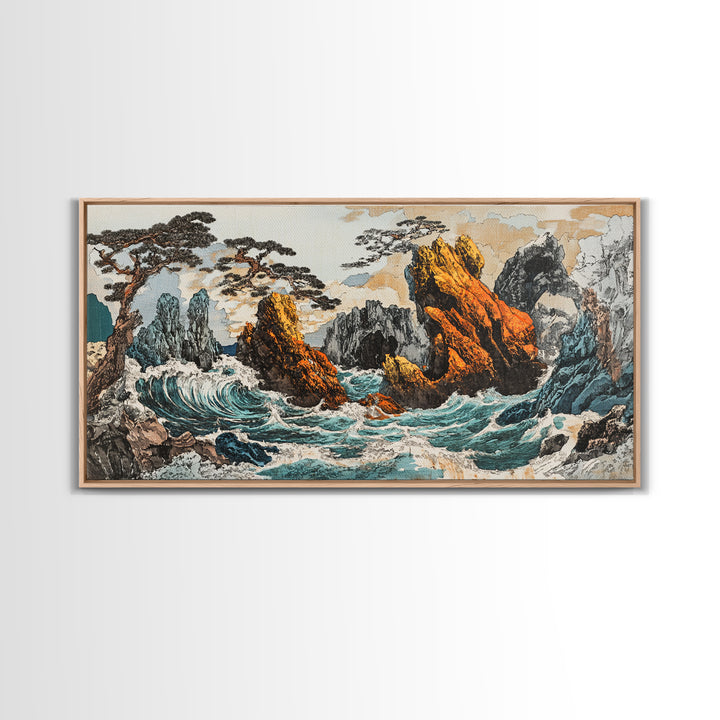Dramatic Rocky Ocean Waves Framed Canvas Print, Japanese Seascape Wall Art, Coastal Landscape, Nautical Living Room Decor