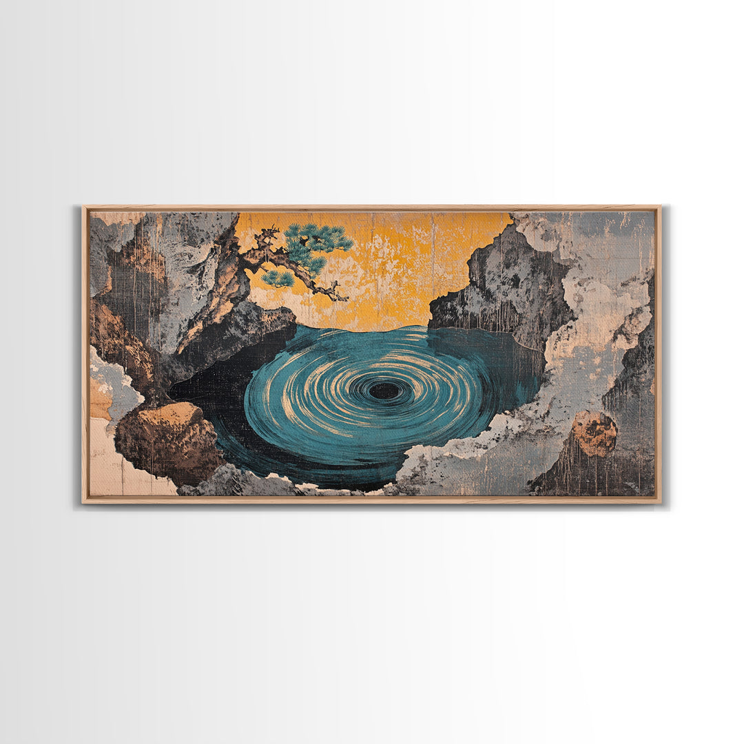 Mystic Ocean Whirlpool Cave Framed Canvas Print, Japanese Seascape Wall Art, Moody Coastal Decor, Fantasy Landscape Art Print