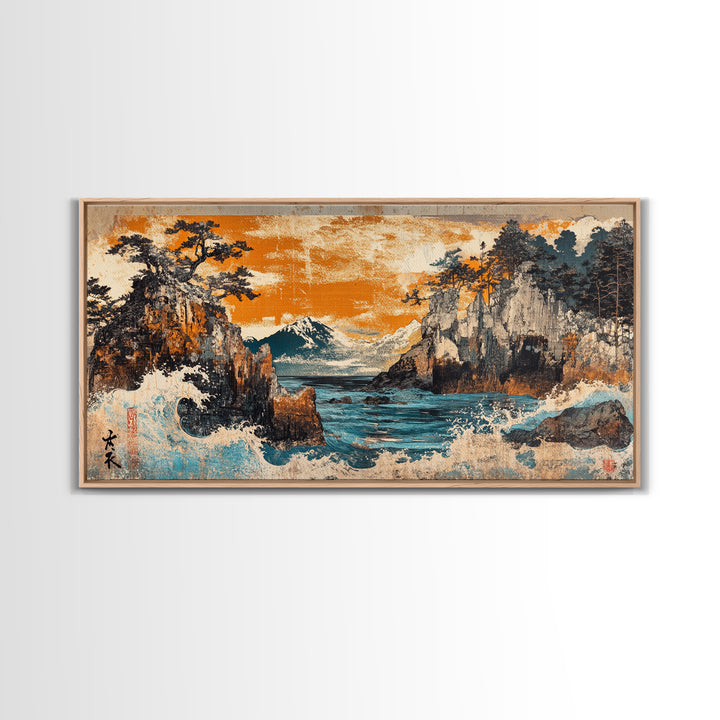 Mt Fuji Cliffs And Crashing Waves Framed Canvas Print, Japanese Wall Art, Coastal Landscape, Orange Sunset Living Room Decor