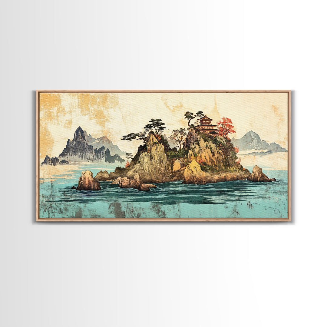 Island Pagoda And Mountain Sea Framed Canvas Print, Japanese Wall Art, Coastal Landscape, Zen Home Decor For Living Room