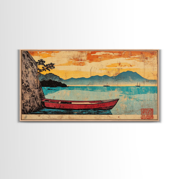 Red Boat On Turquoise Lake Framed Canvas Print, Japanese Landscape Wall Art, Orange Sunset Decor, Coastal Living Room Art