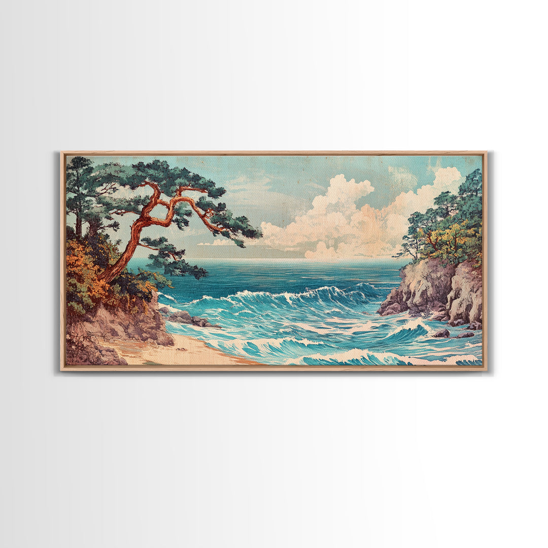 Pine Tree Coastal Cove Canvas Print, Japanese Seascape Wall Art, Ocean Waves, Beach House Decor, Calming Living Room Art