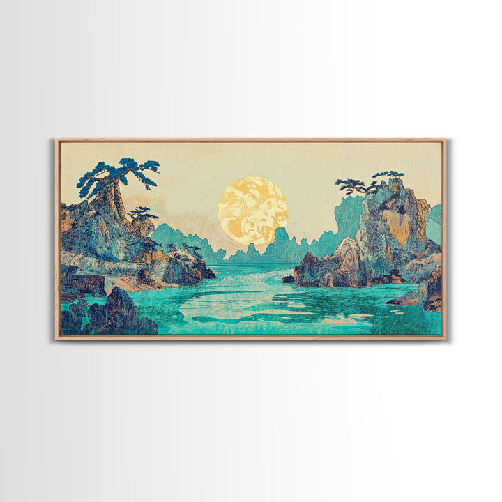 Golden Moon Tropical Seascape Framed Canvas Print, Japanese Wall Art, Coastal Landscape, Celestial Ocean Living Room Decor