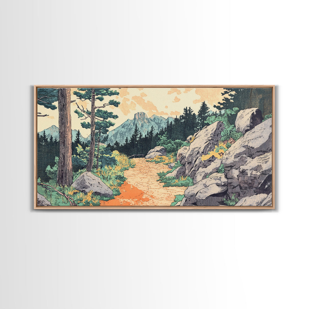 Mountain Forest Trail Framed Canvas Print, Japanese Landscape Wall Art, Pine Tree Nature Decor, Rustic Living Room Art Print