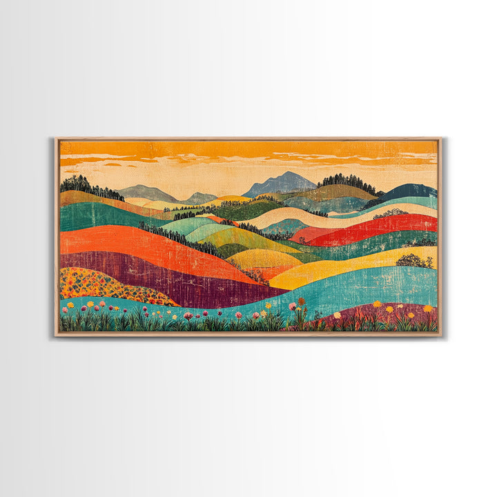 Colorful Rolling Hills And Wildflower Valley Wall Art, Modern Landscape Art Print, Boho Living Room Decor, Housewarming Gift