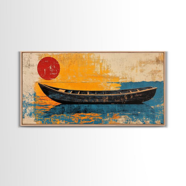 Black Canoe Red Sun Canvas Print, Minimalist Coastal Wall Art, Japanese Nautical Decor, Beach House Ocean Living Room Print