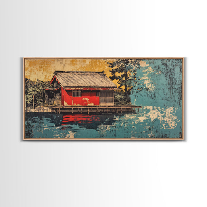 Red Lakeside Japanese House And Reflection Wall Art, Tranquil Water Canvas Print, Japandi Decor, Asian Inspired Living Room Art