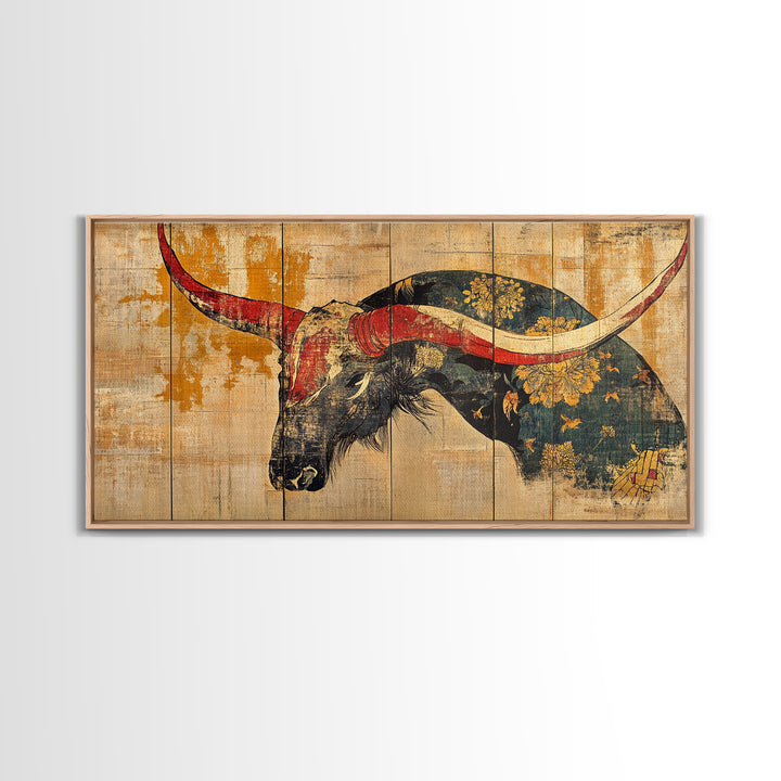 Longhorn Bull Horns Wall Art, Rustic Western Canvas Print, Southwestern Ranch Decor, Masculine Living Room Statement Art