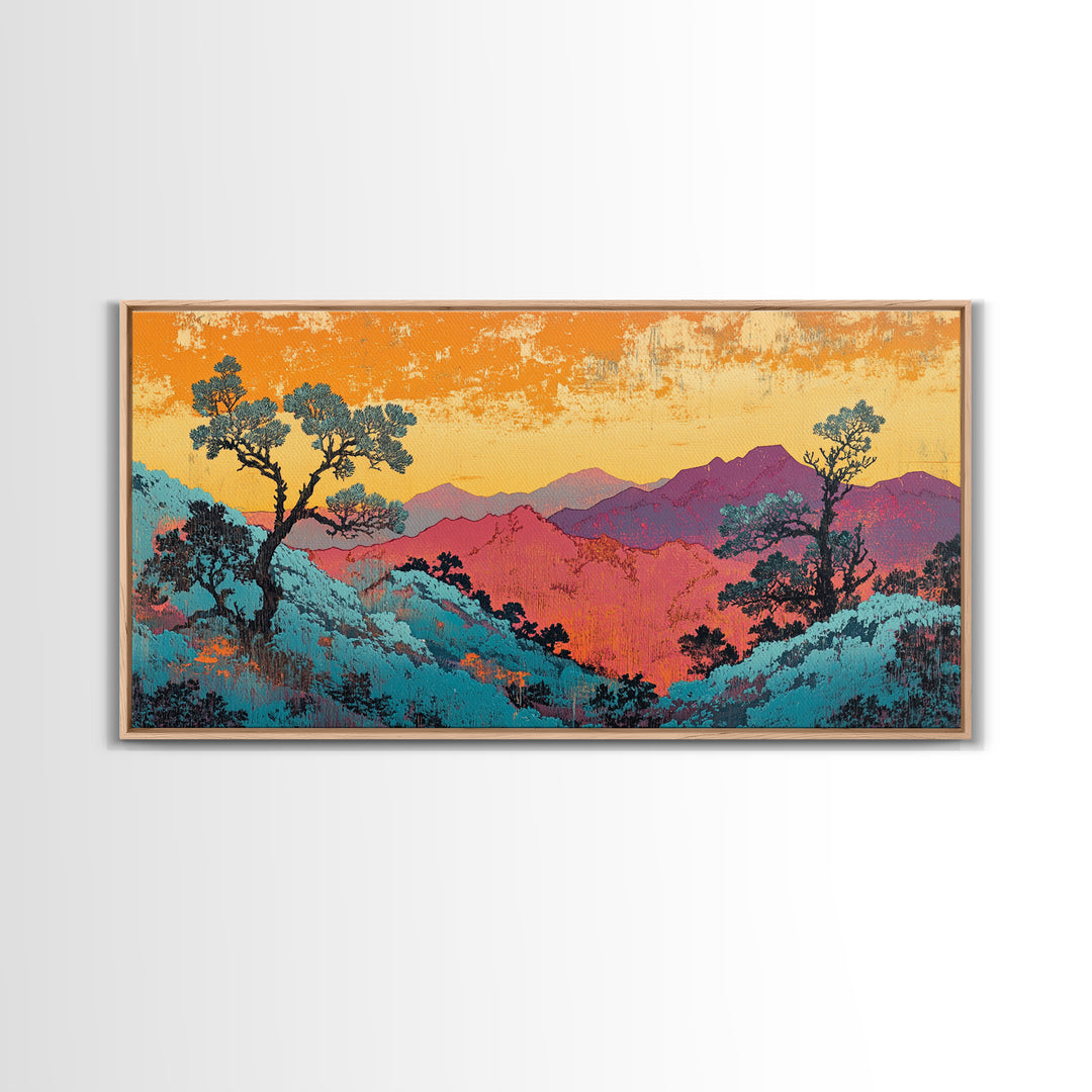 Teal And Purple Mountain Sunset Wall Art, Colorful Landscape Canvas, Southwestern Decor, Large Living Room Art Print, Housewarming Gift