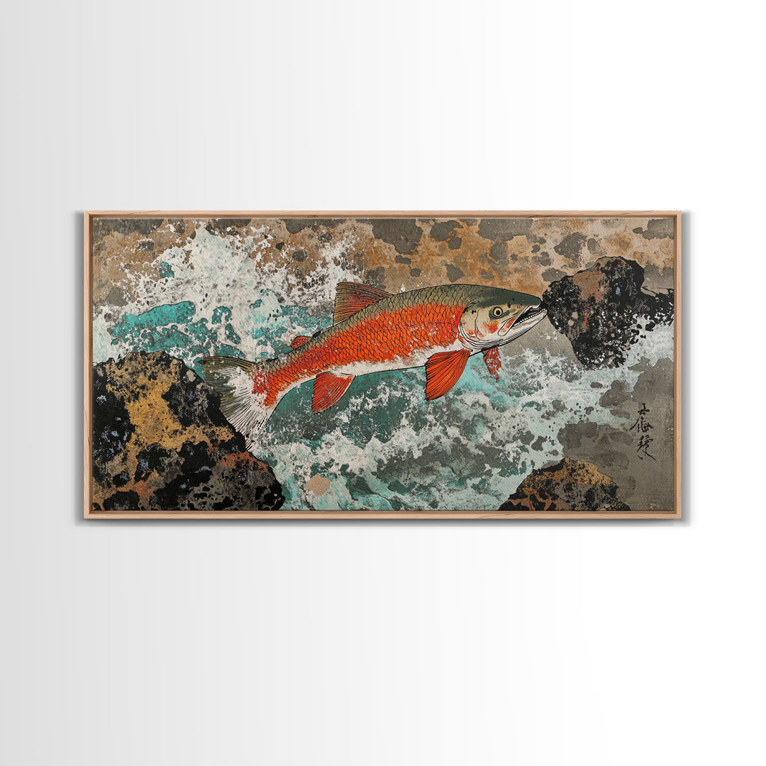Red River Fish Among Rocks Framed Canvas Print, Japanese Gyotaku Wall Art, Nautical Wildlife Decor, Angler Lake House Gift