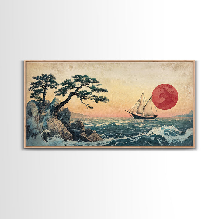 Japanese Sailboat And Red Sun Canvas Print, Coastal Wall Art, Ukiyo E Style Ocean Decor, Asian Inspired Art, Home Decor, Travel Poster