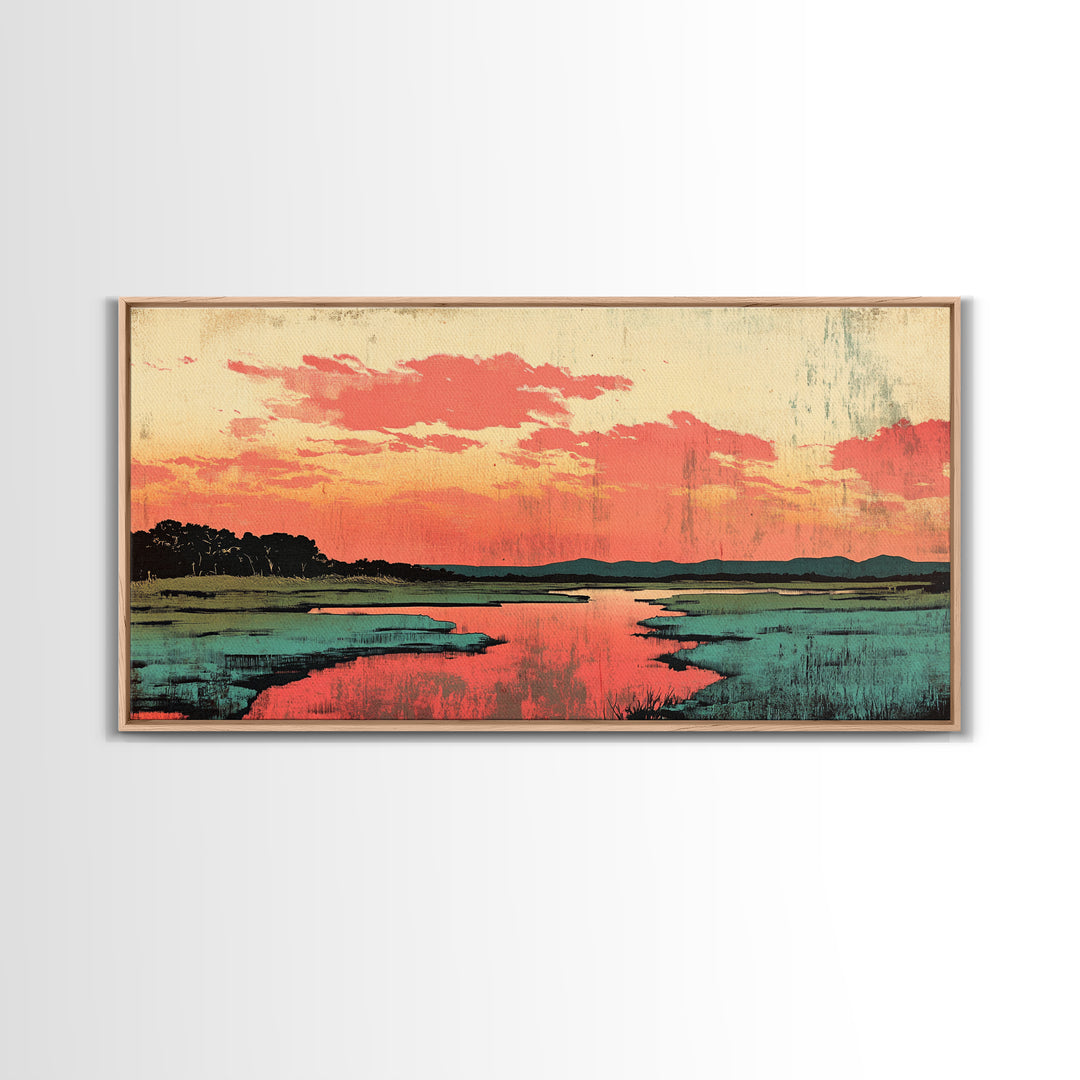 Coral Sunset Marsh Landscape Wall Art, Abstract Landscape Print, Teal Living Room Decor, Modern Coastal Home Decor, Large Wall Art